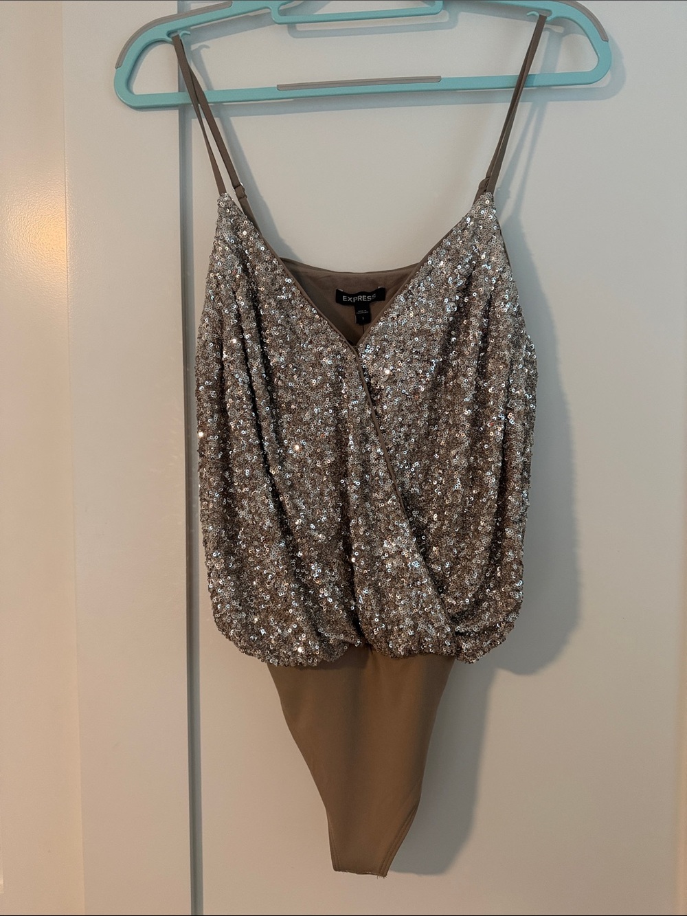 Express Silver Sequin Draped Bodysuit with Tan Base